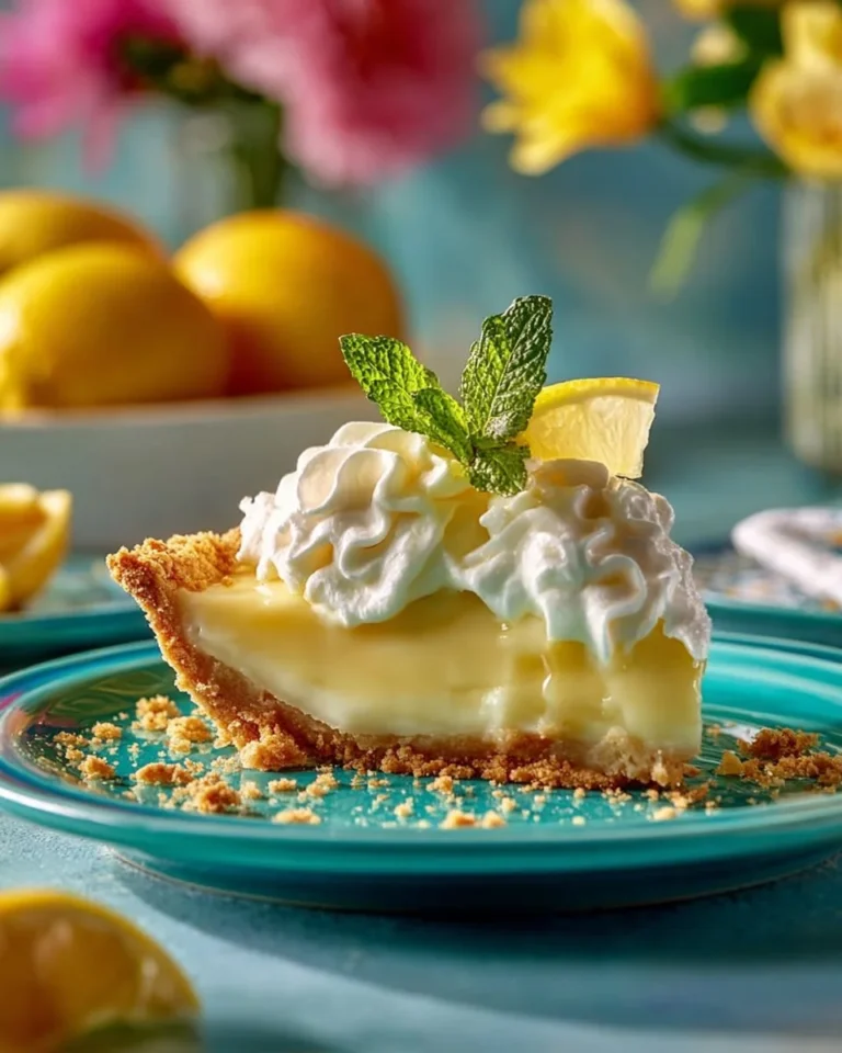 No Bake Lemon Pie topped with whipped cream and lemon slices
