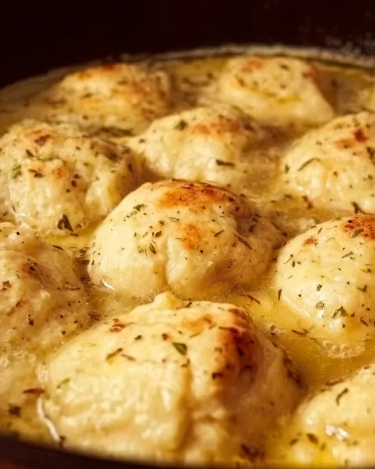 Bowl of Old-Fashioned Chicken and Dumplings with herbs and vegetables