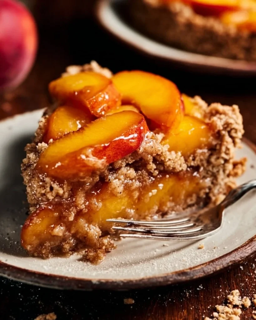 Delicious old-fashioned peach coffee cake served on a plate