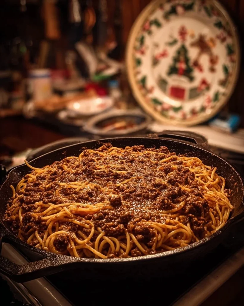 Old School Spaghetti served with a fresh basil garnish