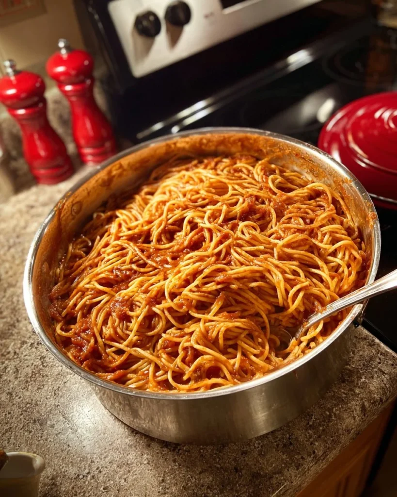 Delicious old-school spaghetti served with rich tomato sauce and herbs