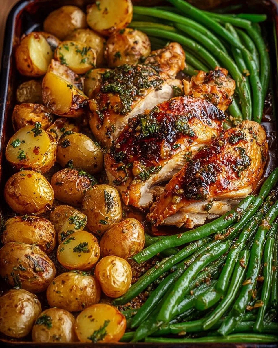 One-Pan Garlic Herb Chicken served with roasted potatoes and green beans