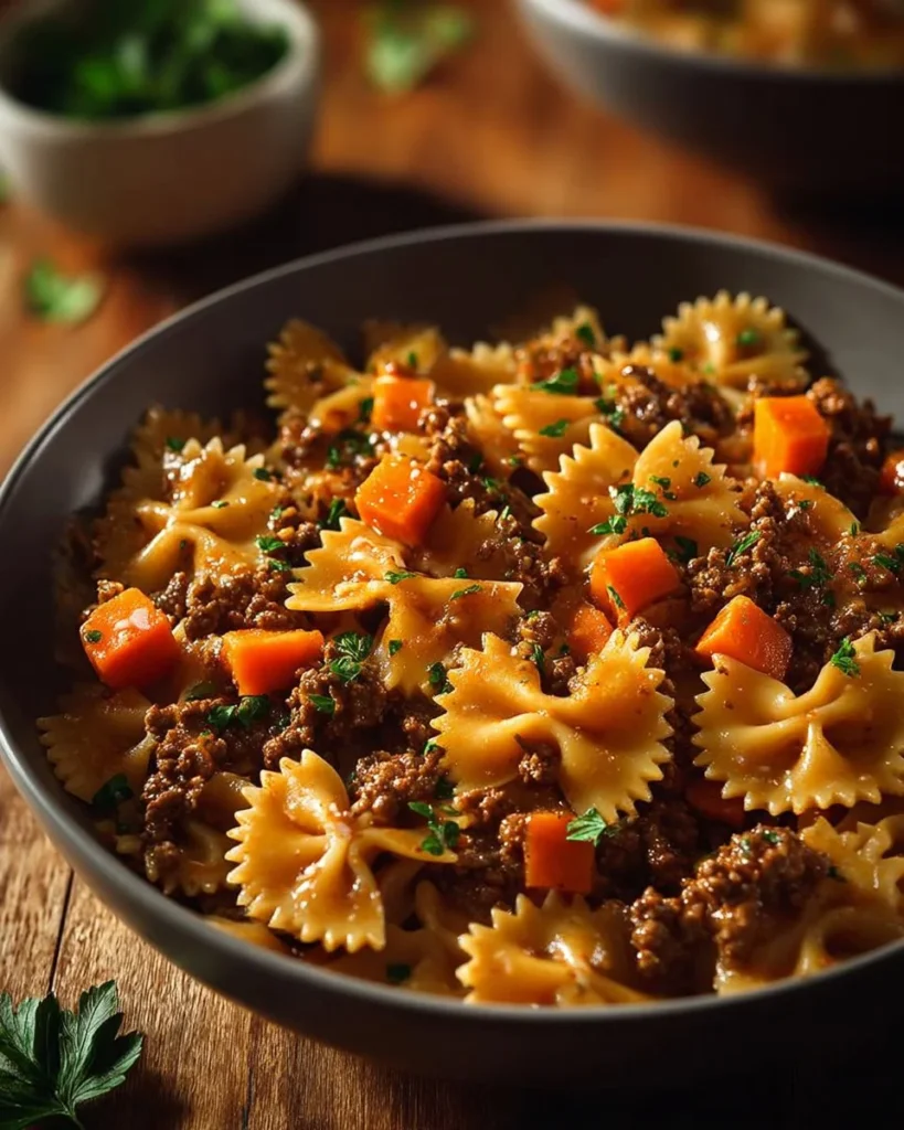 One-Pot Beef Bowtie Pasta dish served with herbs and parmesan cheese