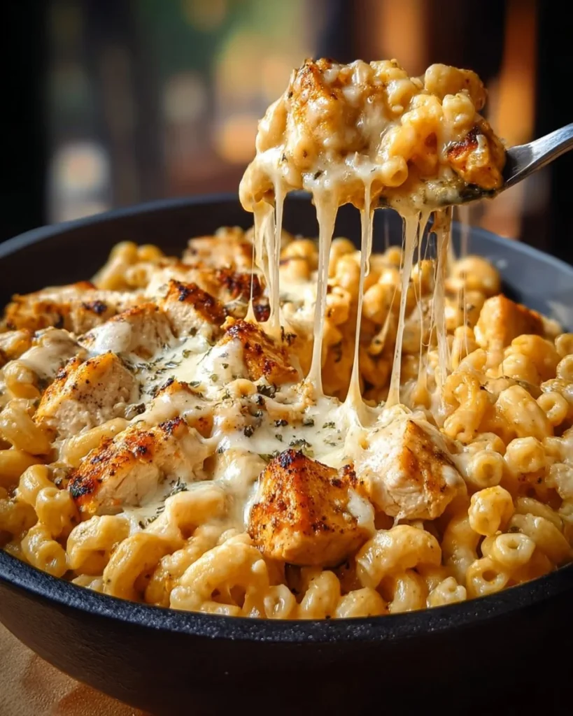 One pot chicken parmesan mac recipe topped with melted cheese and herbs.