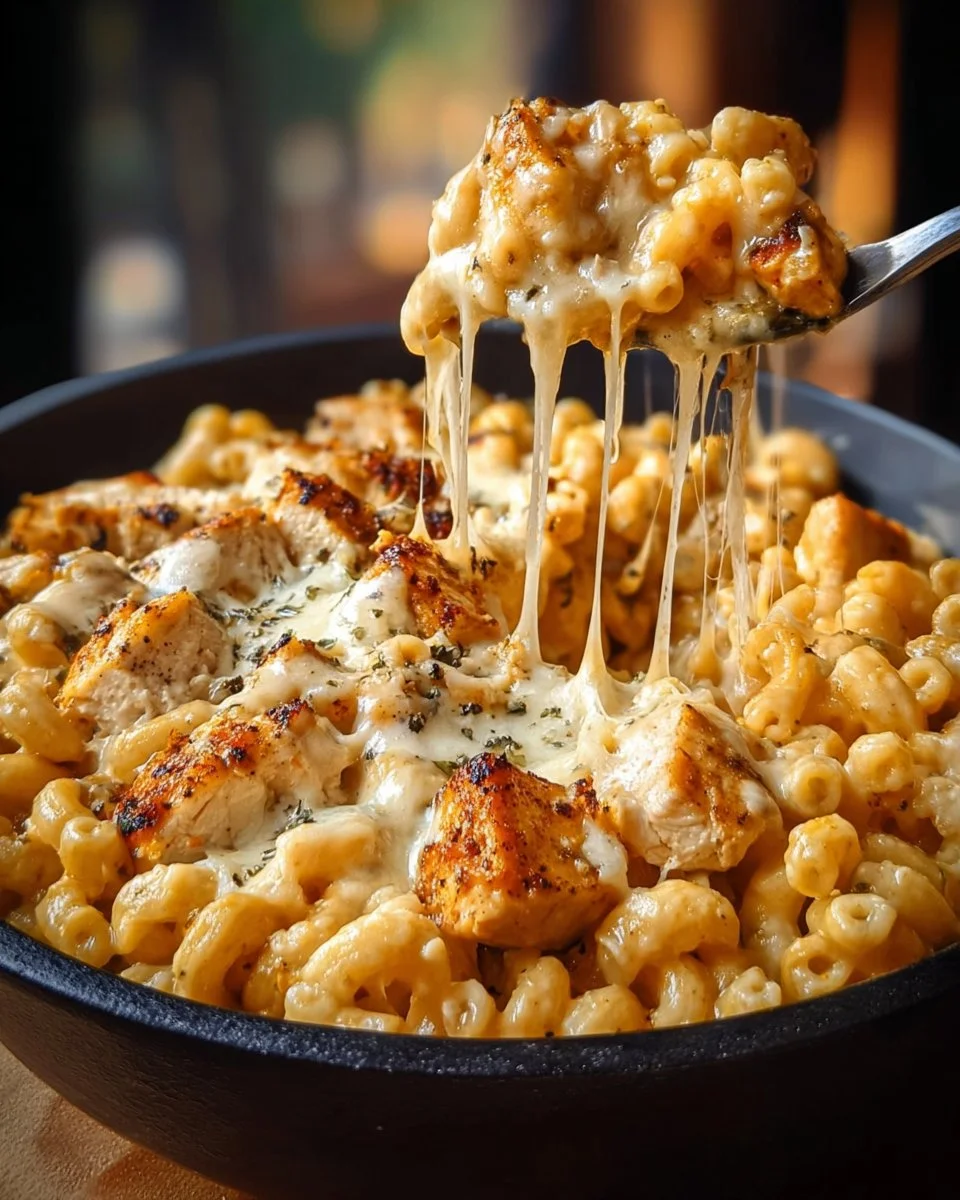 One pot chicken parmesan mac recipe topped with melted cheese and herbs.
