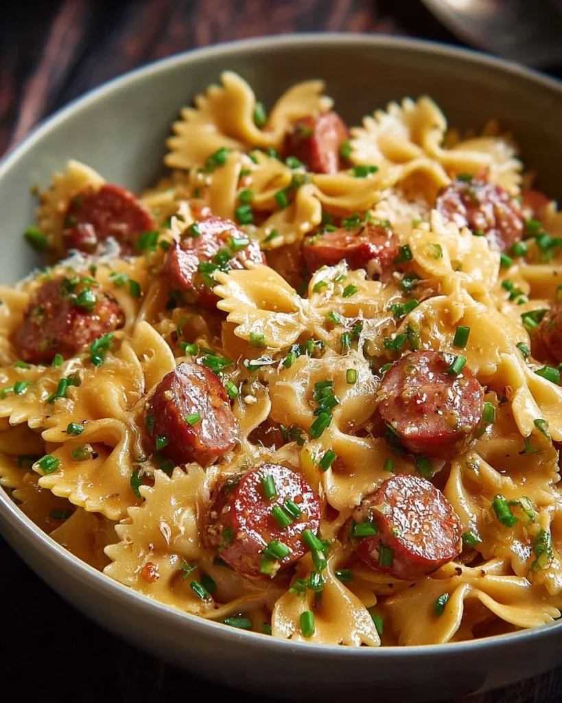 One Pot Kielbasa Pasta dish with sausages and vegetables in a creamy sauce.