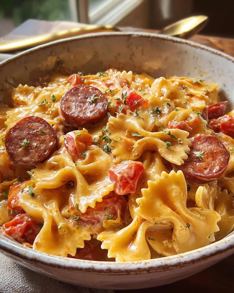 One pot smoked sausage pasta in a creamy sauce with vegetables