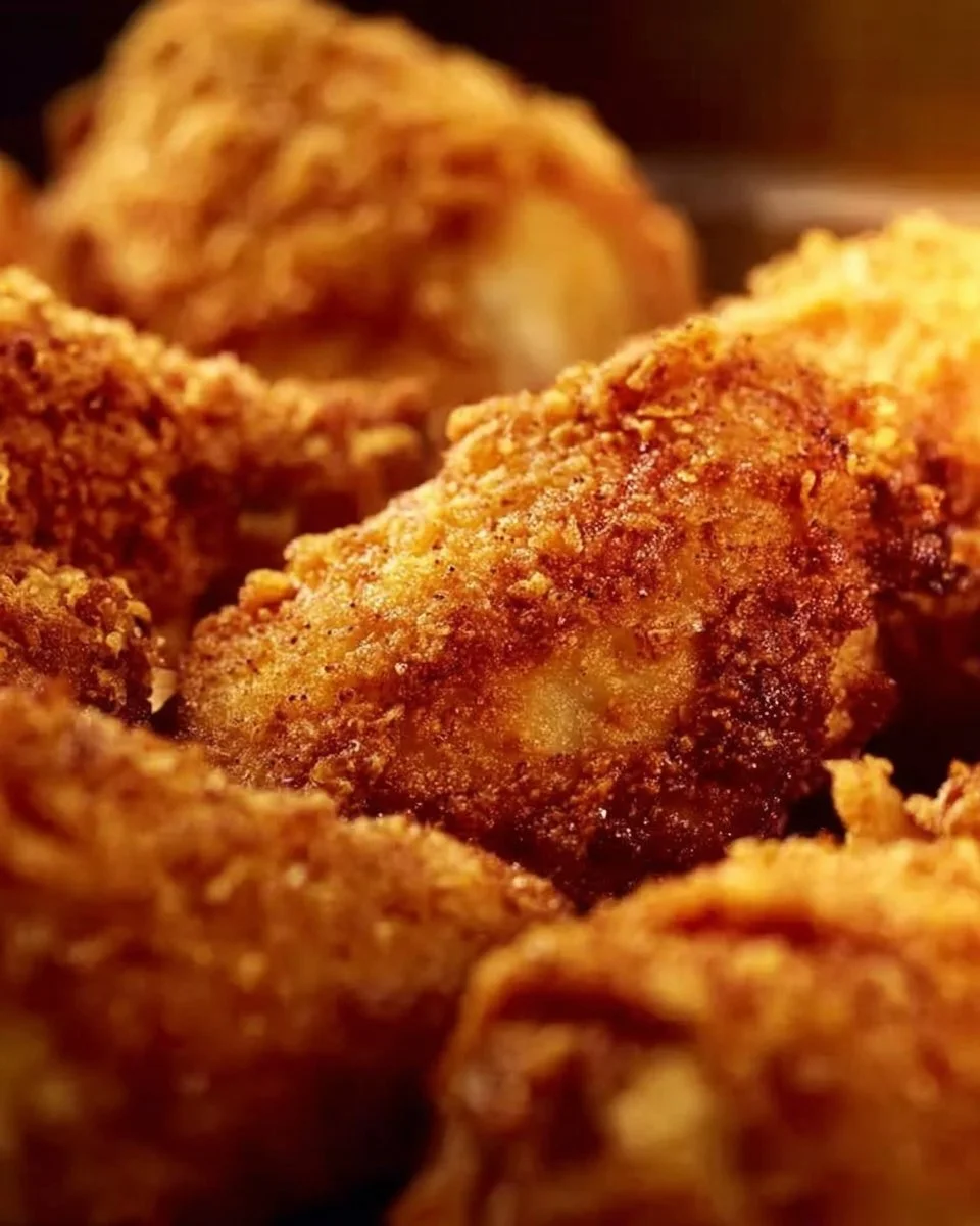Oven-baked crunchy chicken served with sides, showcasing its crispy texture.