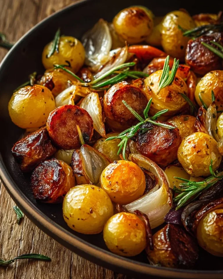 Oven roasted smoked sausage served with flavorful potatoes in a vibrant dish.