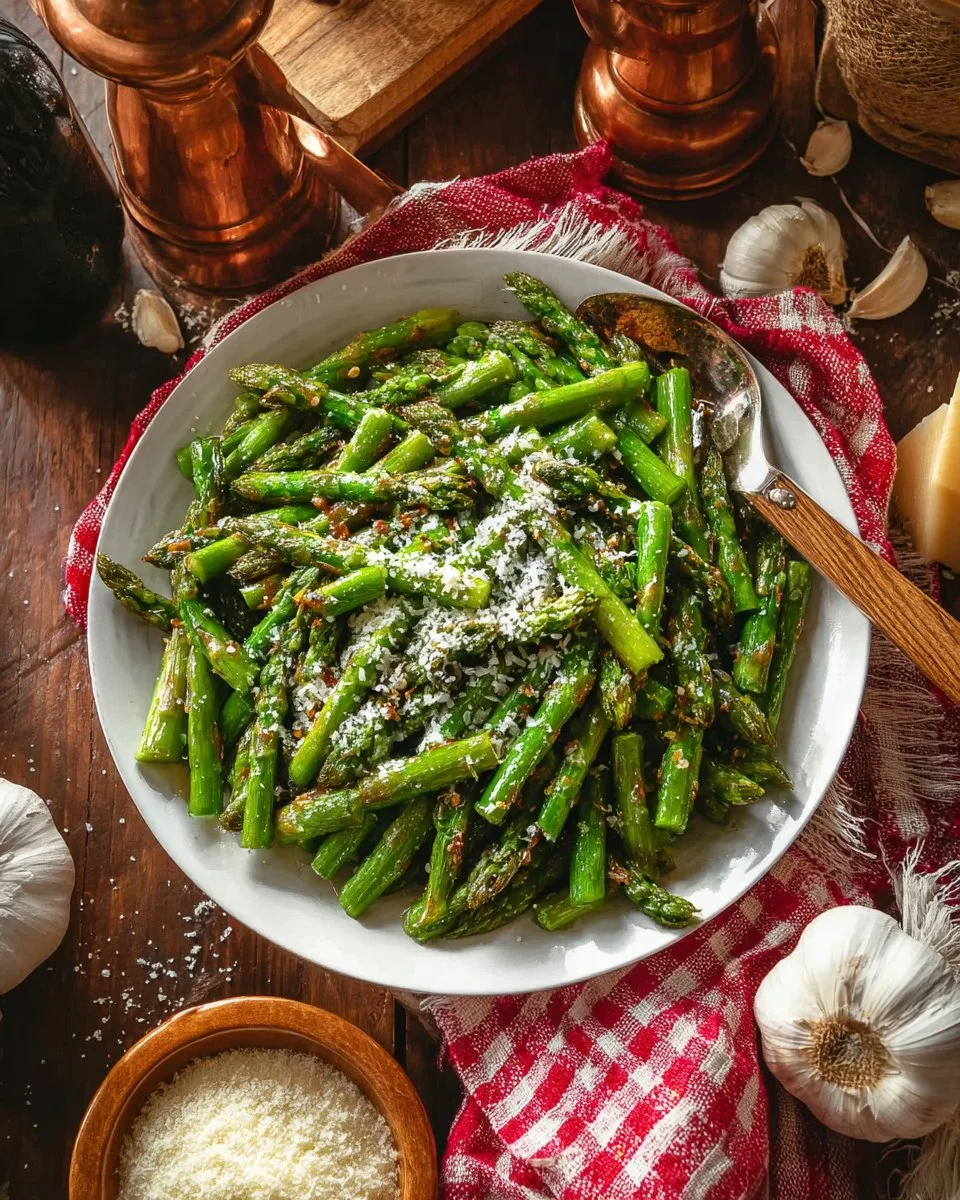Delicious pan fried asparagus served on a plate with a garnish