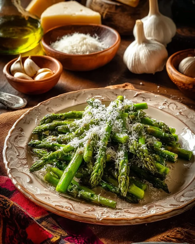 Delicious pan fried asparagus served on a plate with seasoning.