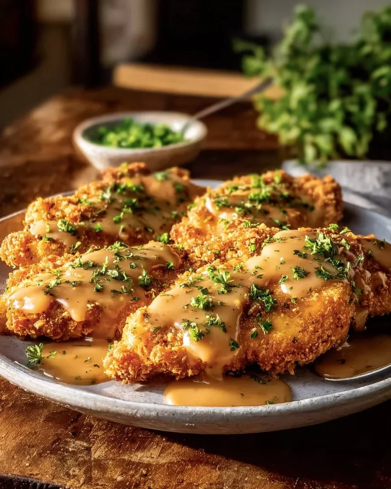 Delicious Parmesan Crusted Chicken topped with creamy garlic sauce