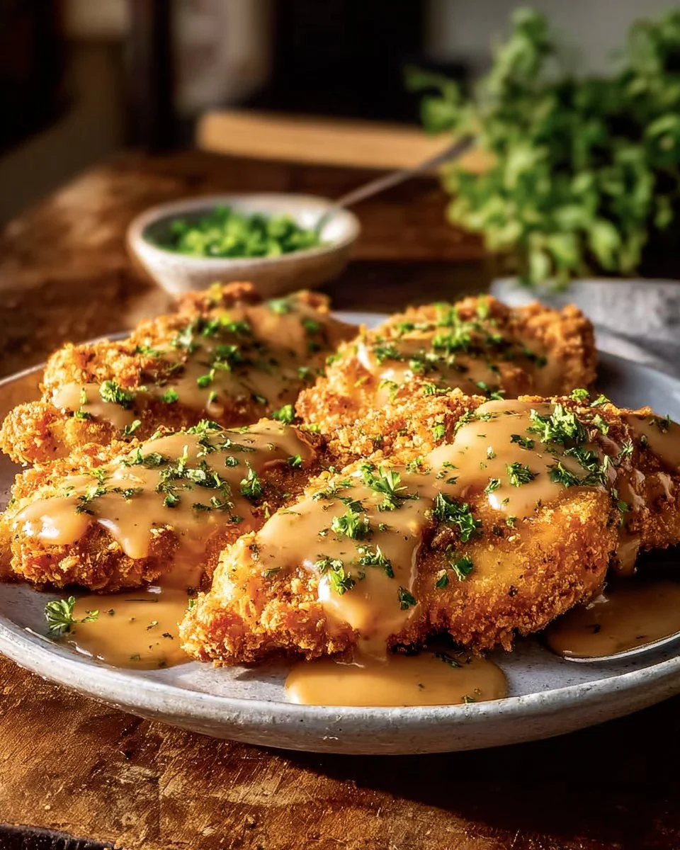 Delicious Parmesan Crusted Chicken topped with creamy garlic sauce
