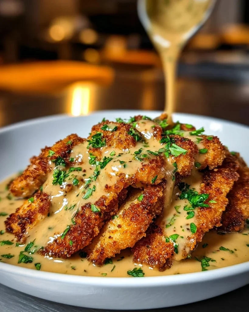 Parmesan Crusted Chicken served with creamy garlic sauce on a plate