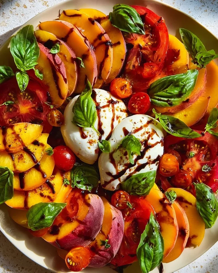Fresh Peach Tomato Burrata Salad with vibrant colors and ingredients