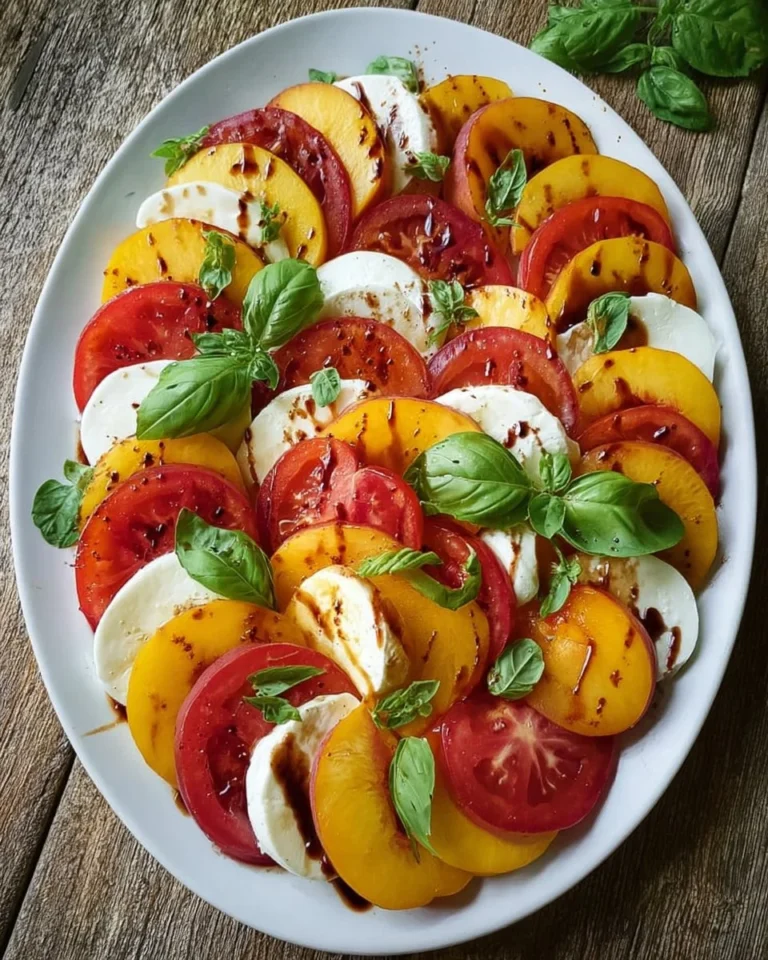 Delicious Peach & Tomato Caprese Salad garnished with basil and mozzarella