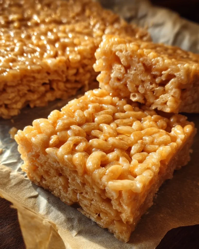 Delicious peanut butter Rice Krispie treats stacked on a plate