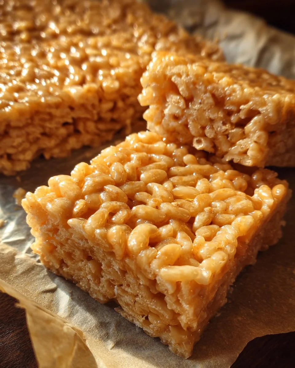Delicious peanut butter Rice Krispie treats stacked on a plate