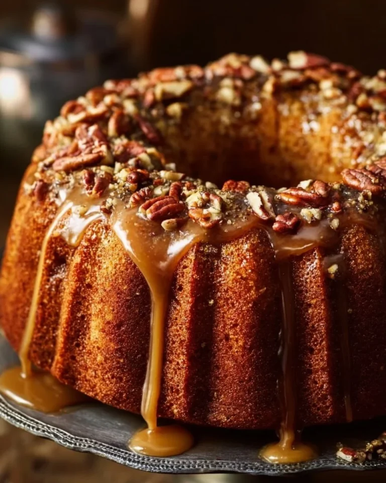 Delicious pecan pie bundt cake topped with praline drizzle on a plate