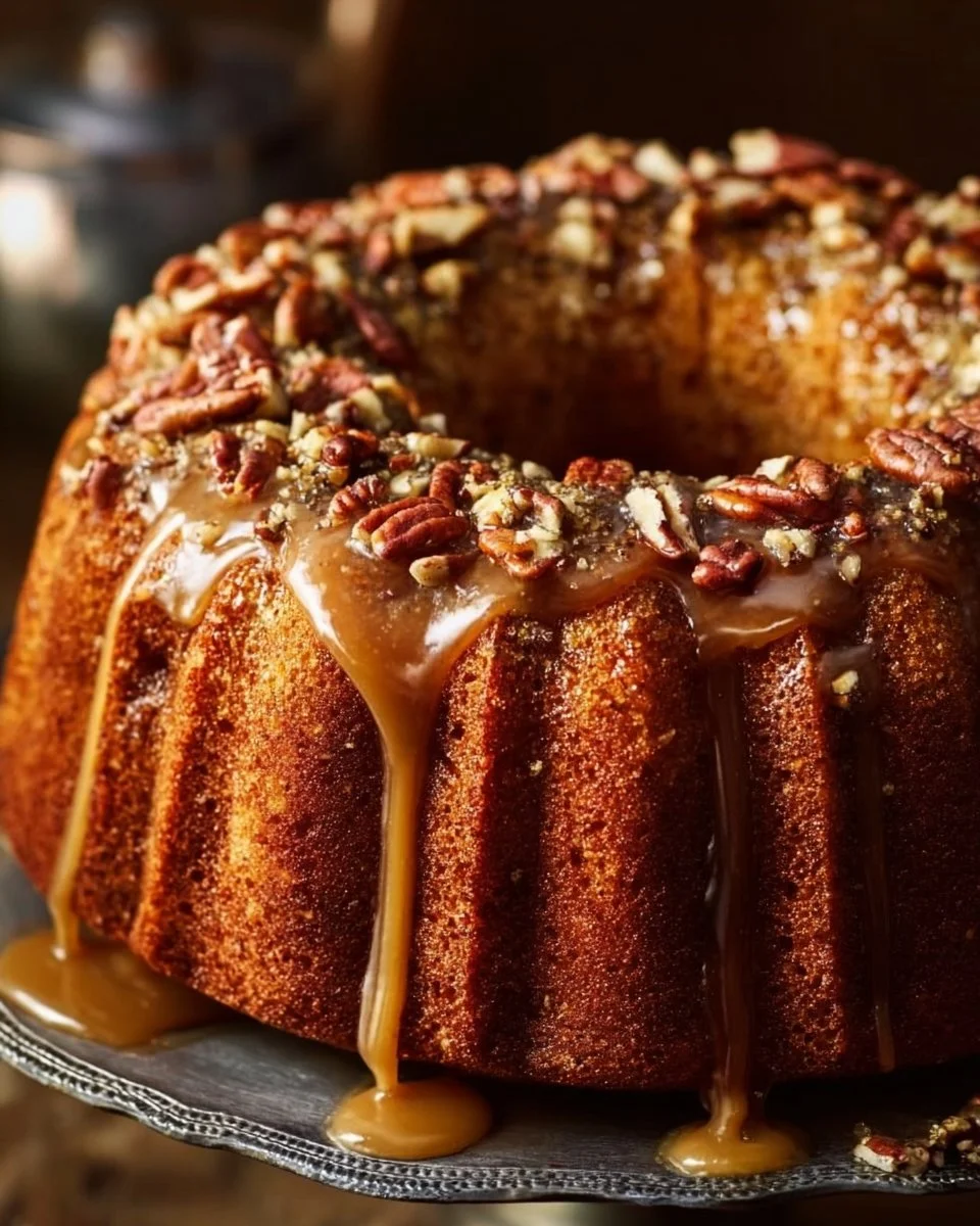 Delicious pecan pie bundt cake topped with praline drizzle on a plate