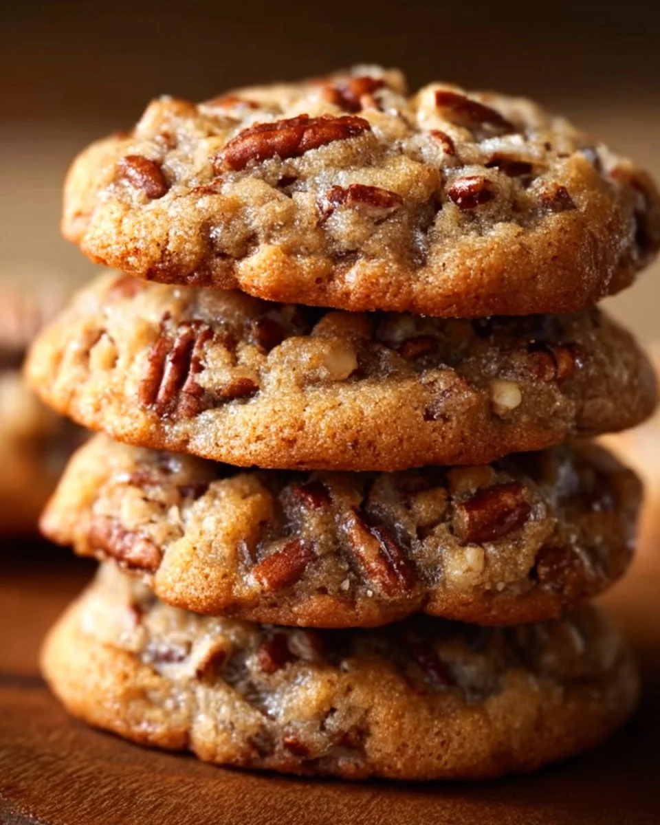 Pecan pie cookies topped with nuts and caramel drizzle