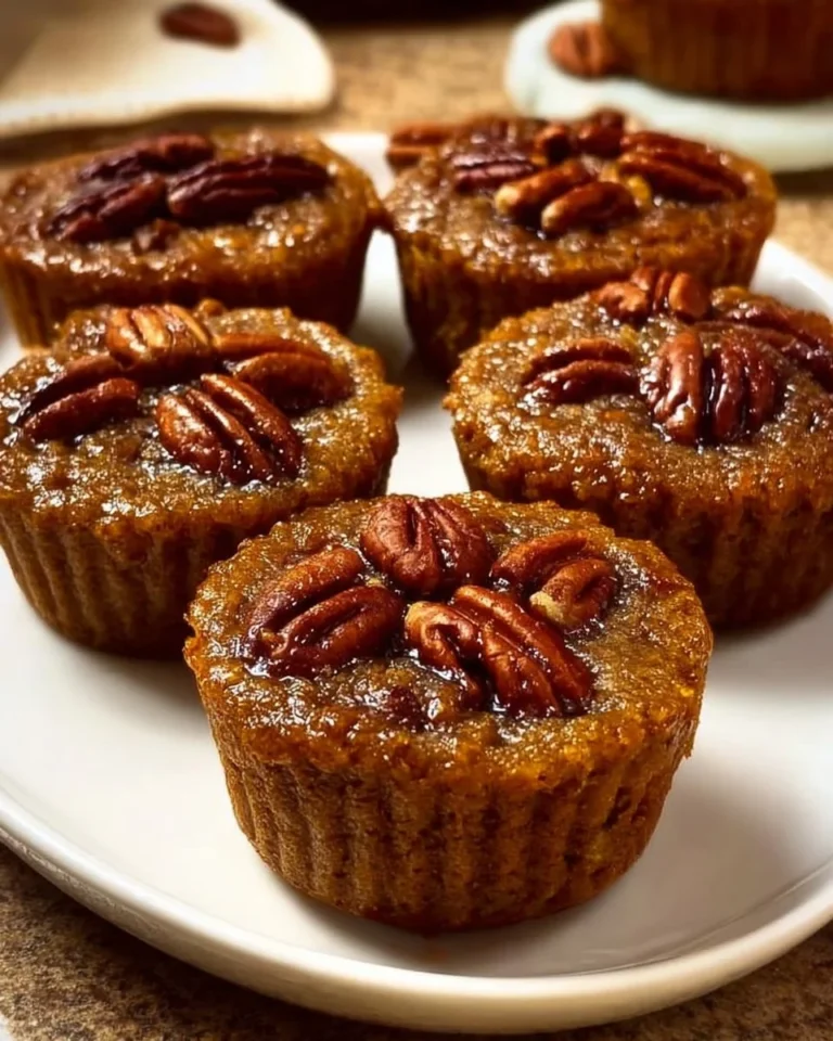 Delicious pecan pie cupcakes topped with pecan pieces and caramel drizzle.