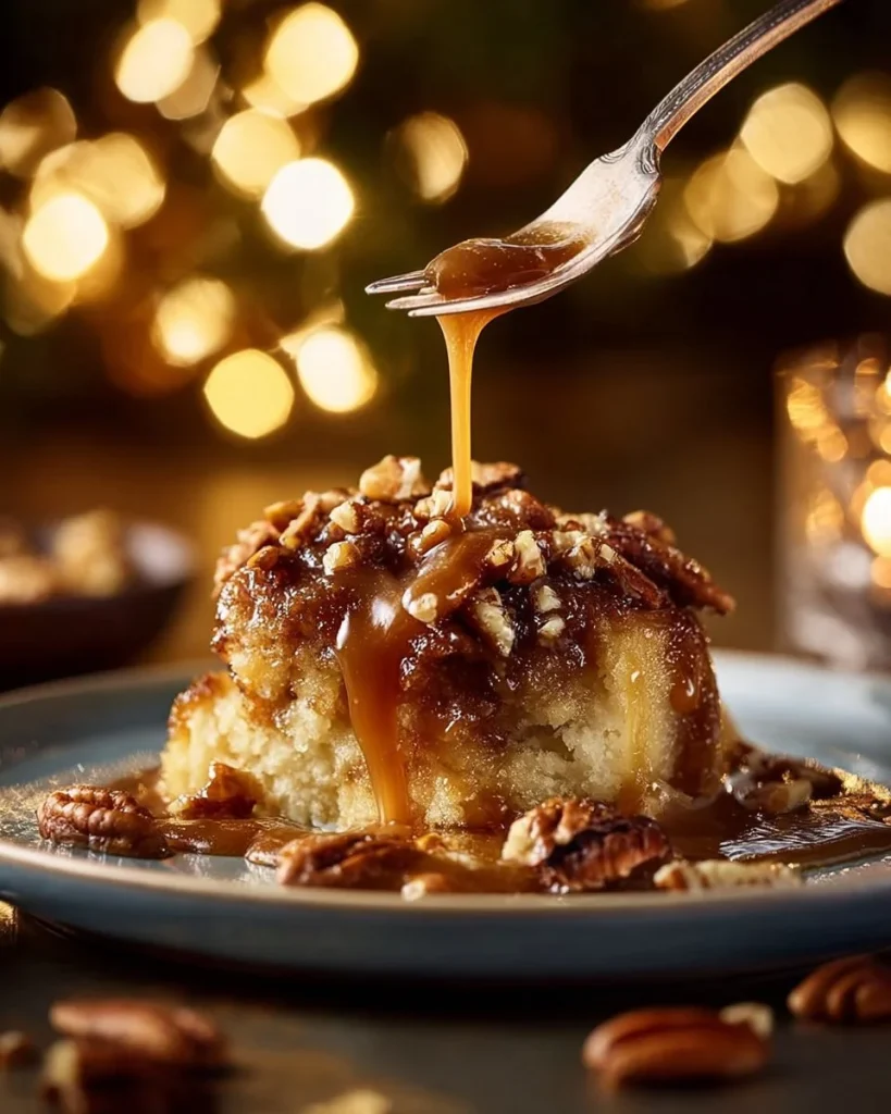 Delicious pecan pie dump cake served on a plate, showcasing its rich, gooey texture.