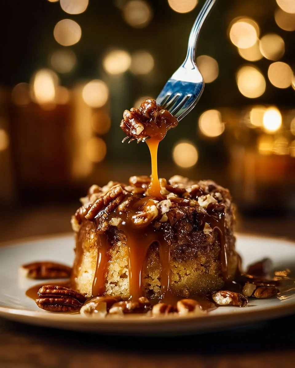 Pecan Pie Dump Cake showcasing a rich, gooey texture and pecan topping.
