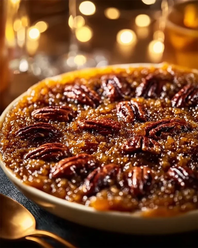 Pecan Pie Dump Cake topped with pecans and caramel sauce, a delicious dessert.