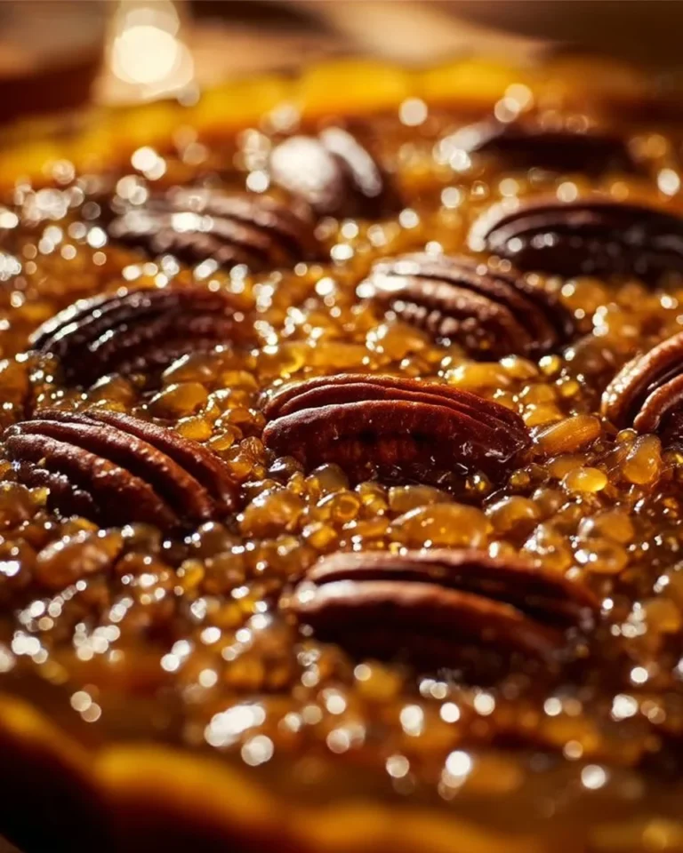 Delicious pecan pie dump cake topped with pecans and caramel
