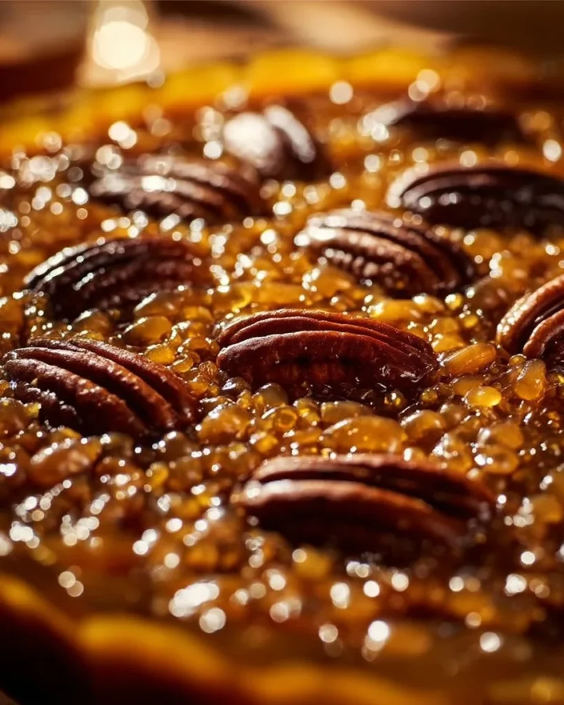 Delicious pecan pie dump cake topped with pecans and caramel