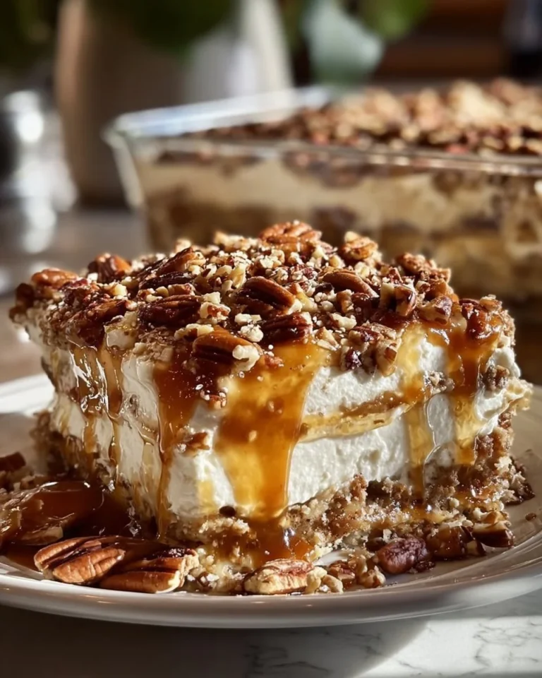 Delicious pecan pie lasagna layered with creamy filling and topped with pecans