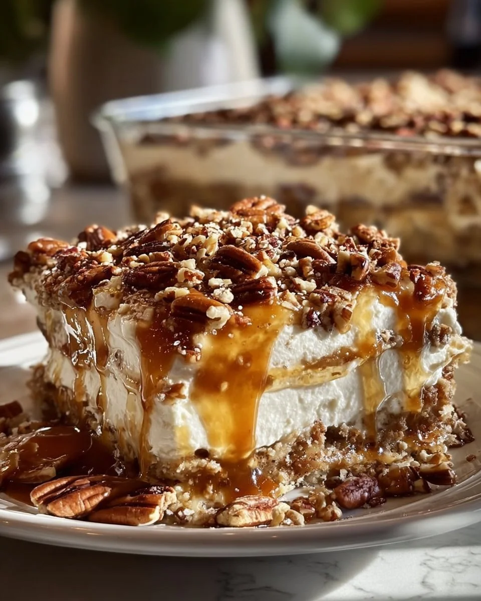 Delicious pecan pie lasagna layered with creamy filling and topped with pecans