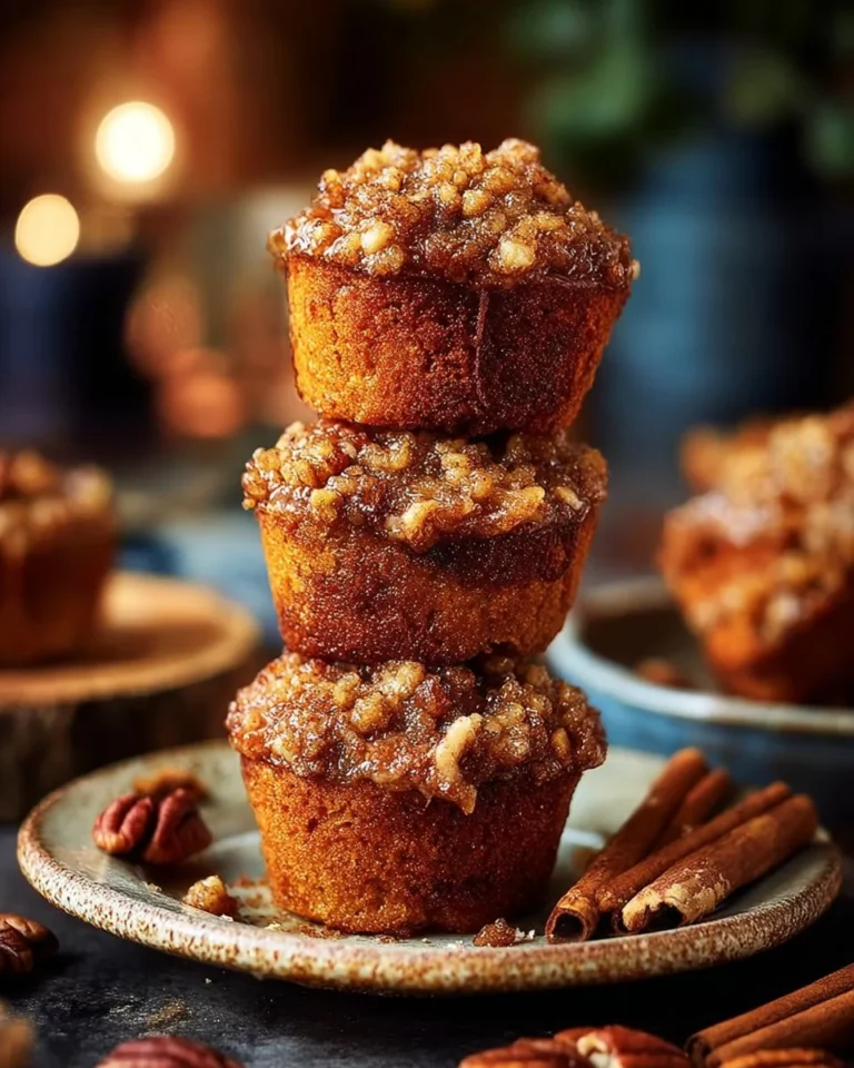 Pecan pie muffins topped with pecans in a rustic setting