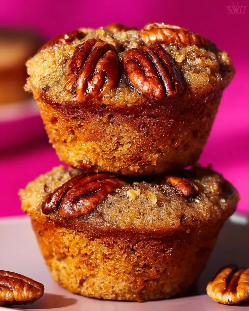 Freshly baked pecan pie muffins with a golden crust and nutty topping.