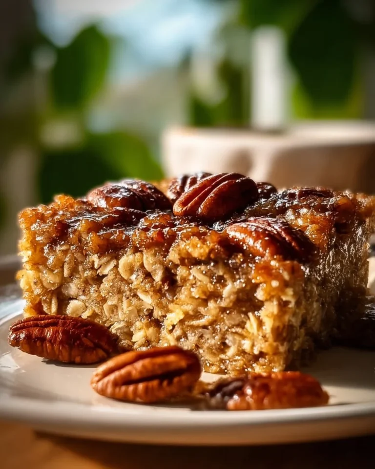 Delicious homemade Pecan Pie Oatmeal Bake topped with nuts and caramel