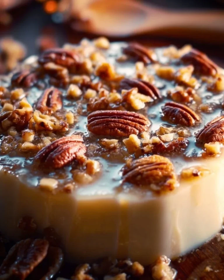 Delicious slice of Pecan Praline Cake topped with caramel and pecans.