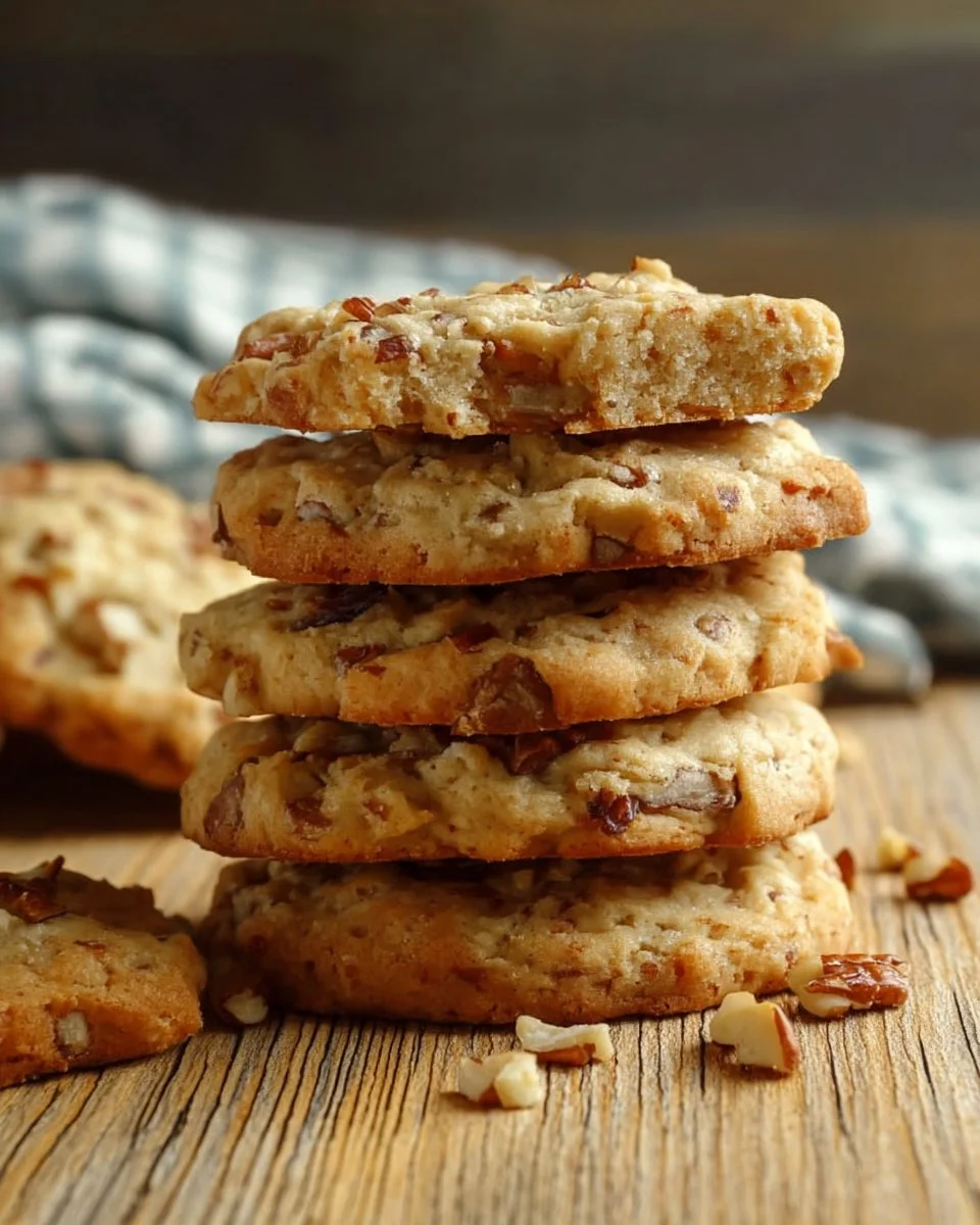 Freshly baked Pecan Sandies cookies with crunchy pecans on a wooden plate