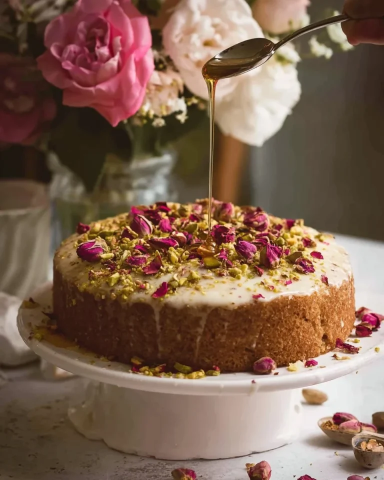 Persian Love Cake decorated with rose petals and pistachios