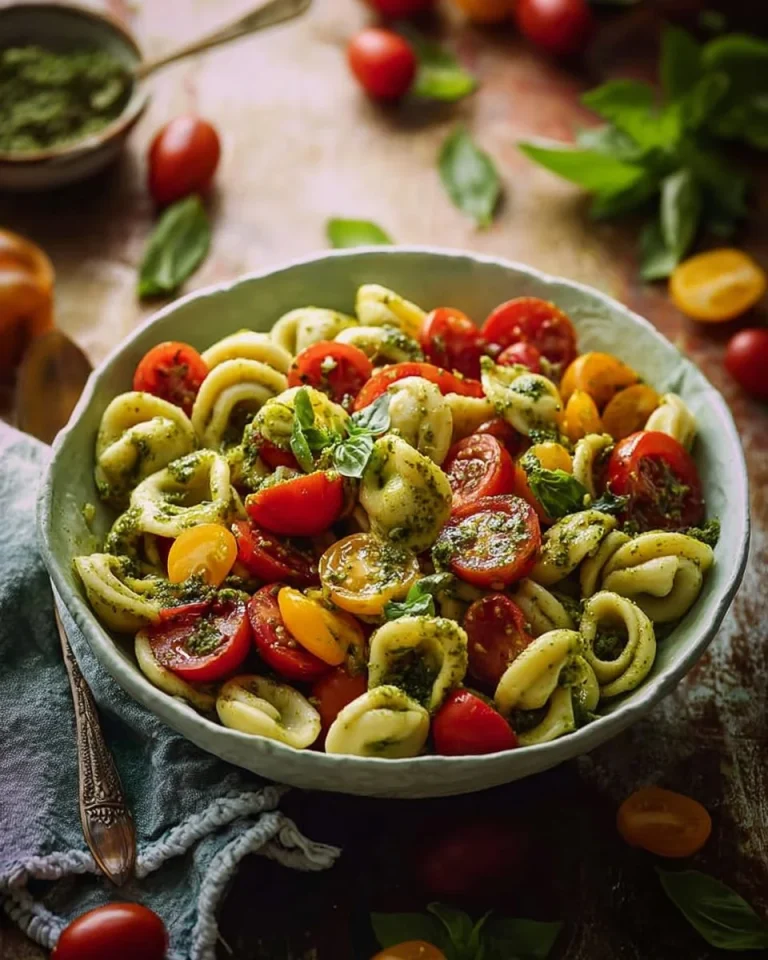 Pesto Caprese Pasta Salad with cherry tomatoes, mozzarella, and basil