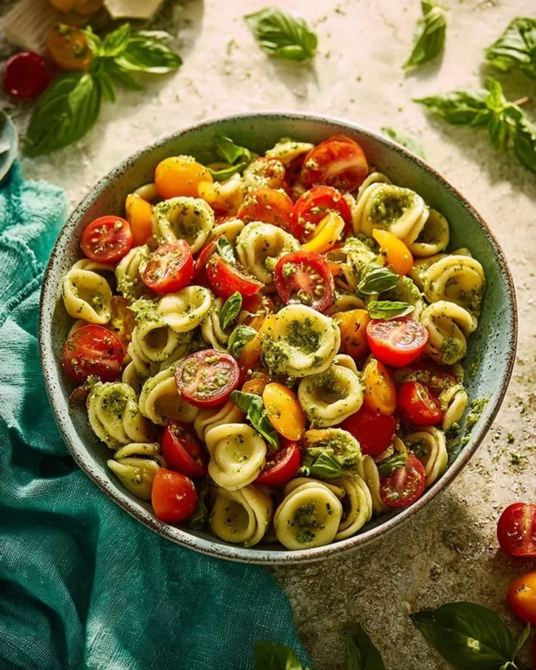 A colorful bowl of Pesto Caprese Pasta Salad with fresh ingredients