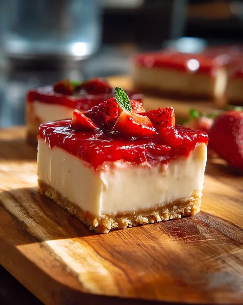 Delicious Philadelphia strawberry cheesecake bars topped with fresh strawberries