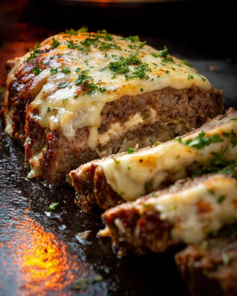 Philly Cheesesteak Meatloaf with melted cheese and peppers on a plate