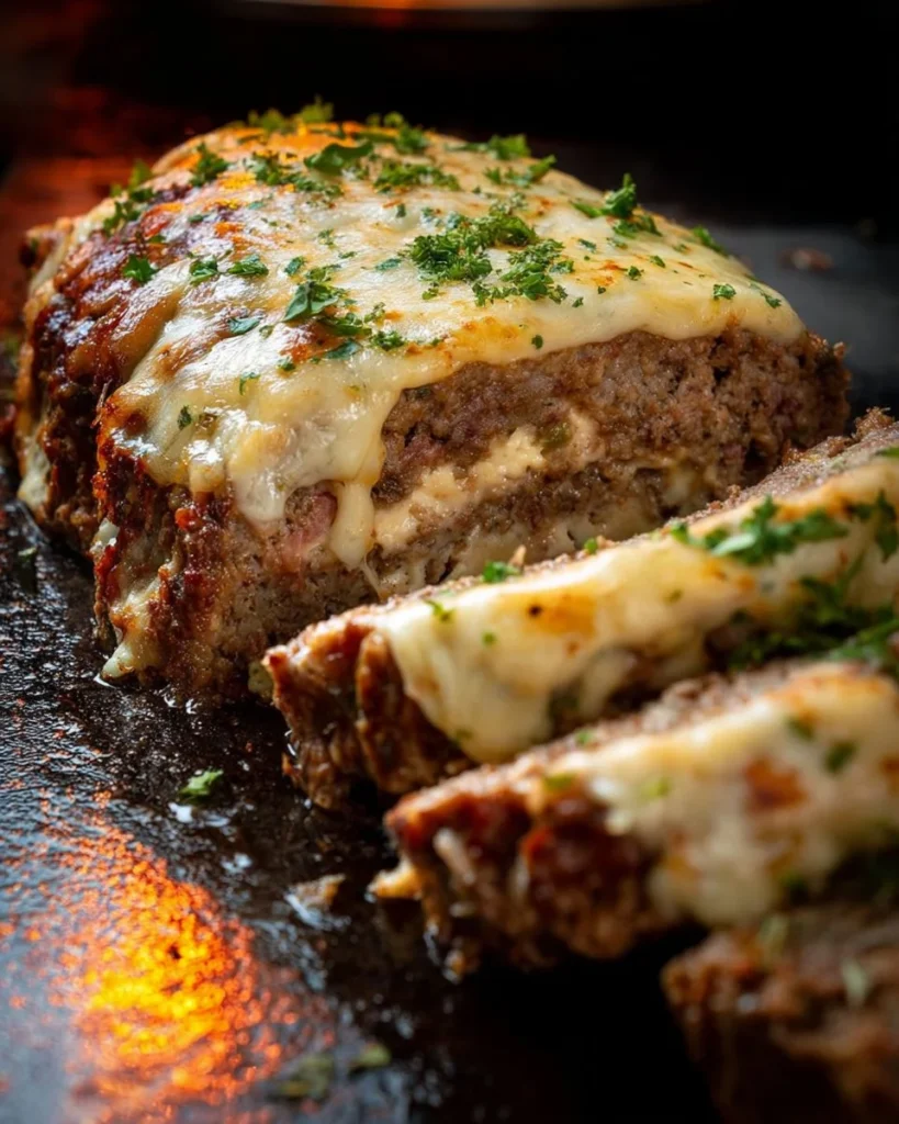 Philly Cheesesteak Meatloaf with melted cheese and peppers on a plate