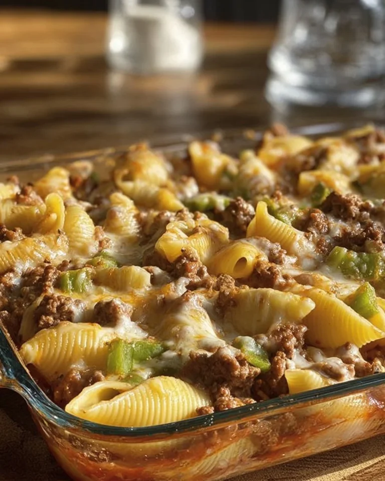 Philly Cheesesteak Pasta Bake topped with melted cheese and peppers