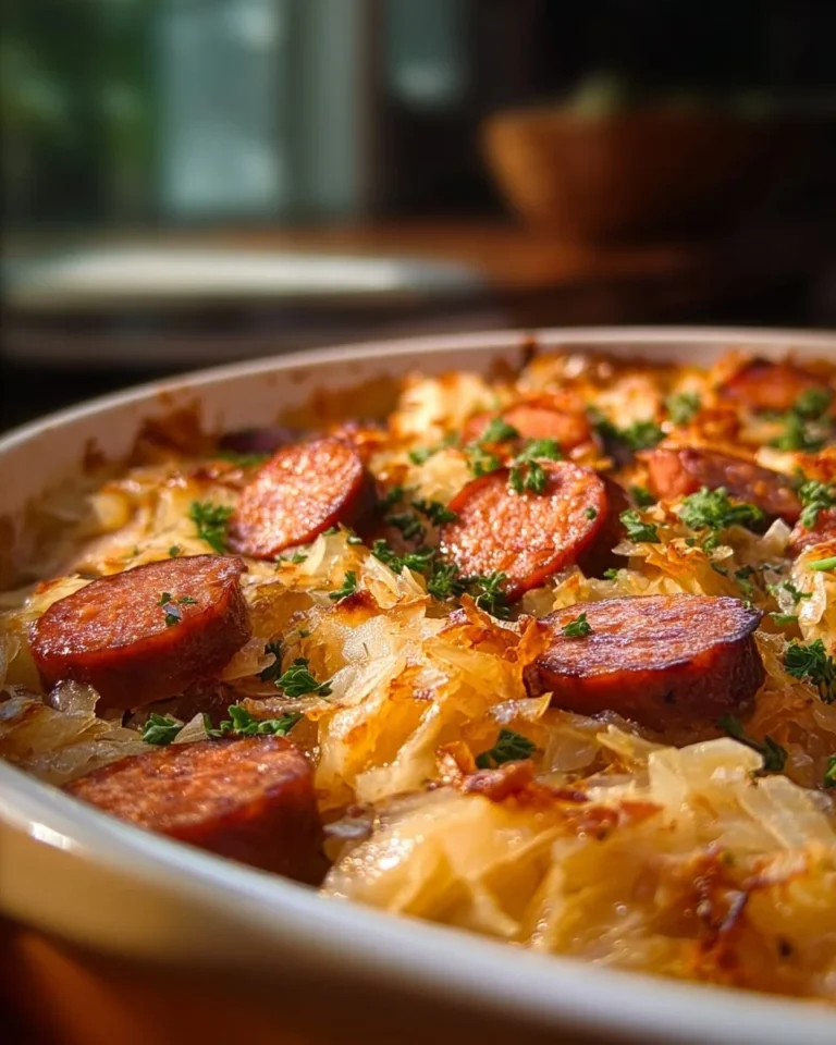 Delicious Polish sausage served with sauerkraut and potatoes