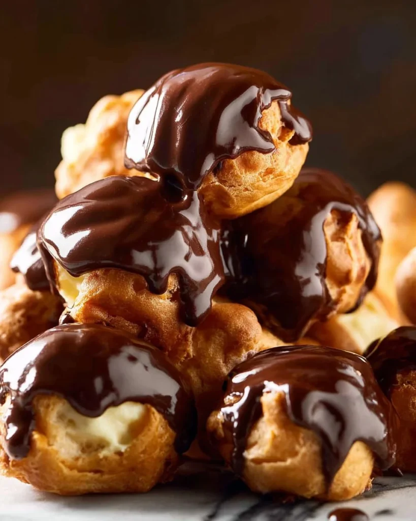 Delicious homemade profiteroles filled with cream and drizzled with chocolate sauce.