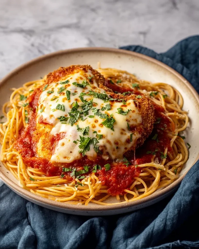 Delicious quick baked chicken parmesan topped with melted cheese and marinara sauce