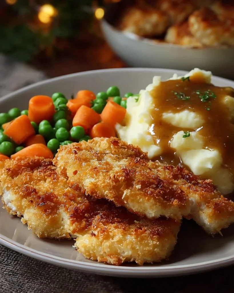 Crispy parmesan chicken served with fresh vegetables on a plate.