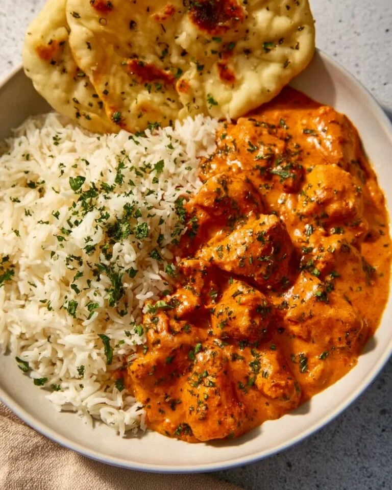 Delicious homemade butter chicken served with rice and naan bread.